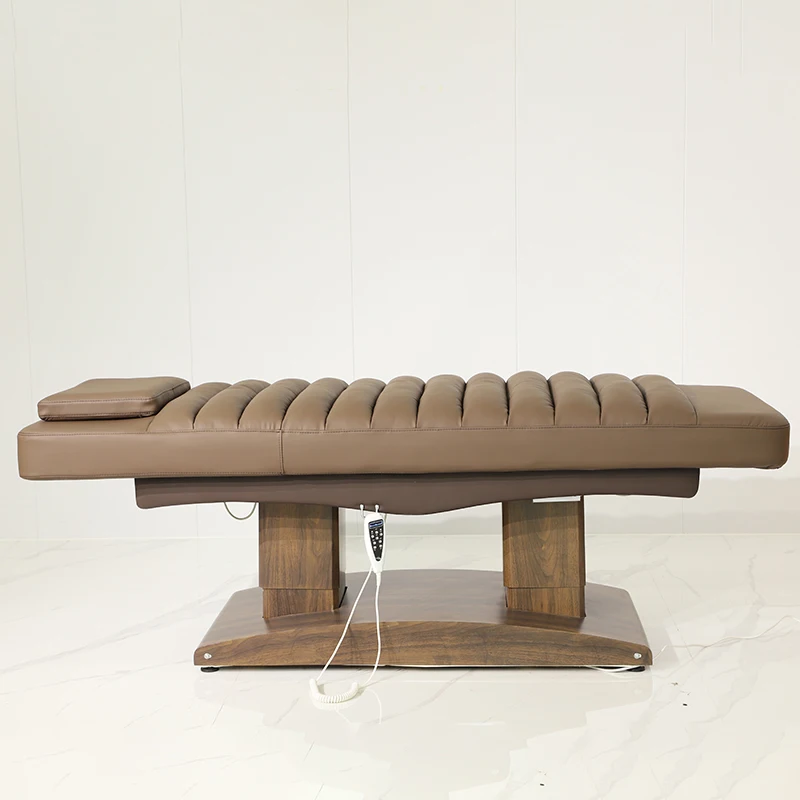 Luxury Wood Grain Base Beauty Salon Massage Table 4 Motors Electric Adjustable Reclining Esthetician Facial Bed with Led Lamp