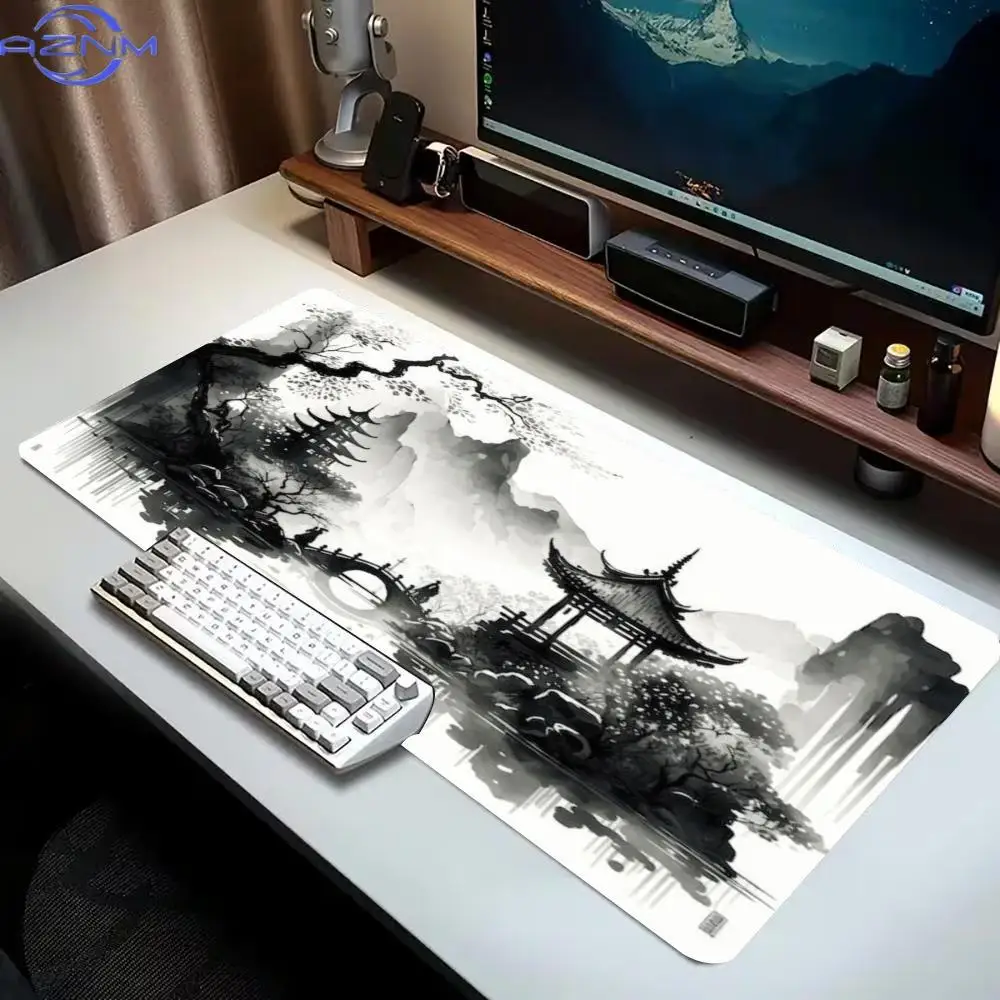 Chinese Ink Landscape Gaming Mouse Pad Large Desk Mat Mountain Temple Extended Keyboard Mat Non Slip Gamer Carpet for Office
