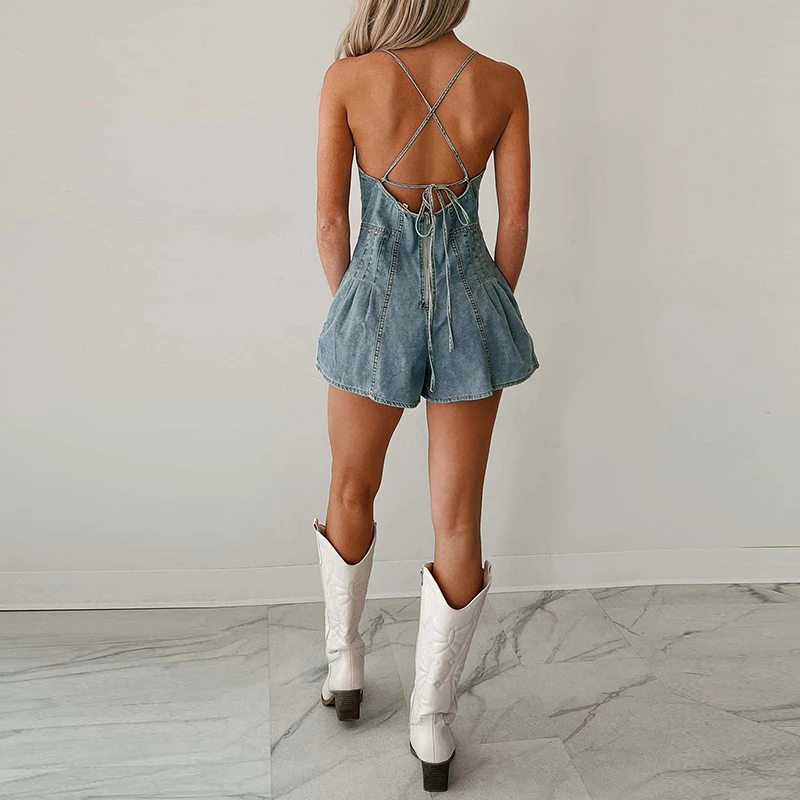 

Simple Fashion Solid Denim Shorts Jumpsuit Women Sexy V Neck Tie-up Sling Playsuit Romper Summer Backless Hollow Female Overalls