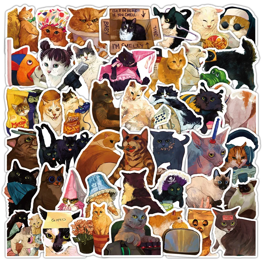 

50pcs Cat Meme Phone Stickers Funny Cat Phone Stickers Skateboard Guitar Luggage Waterproof Stickers DIY Cell Phone Accessory