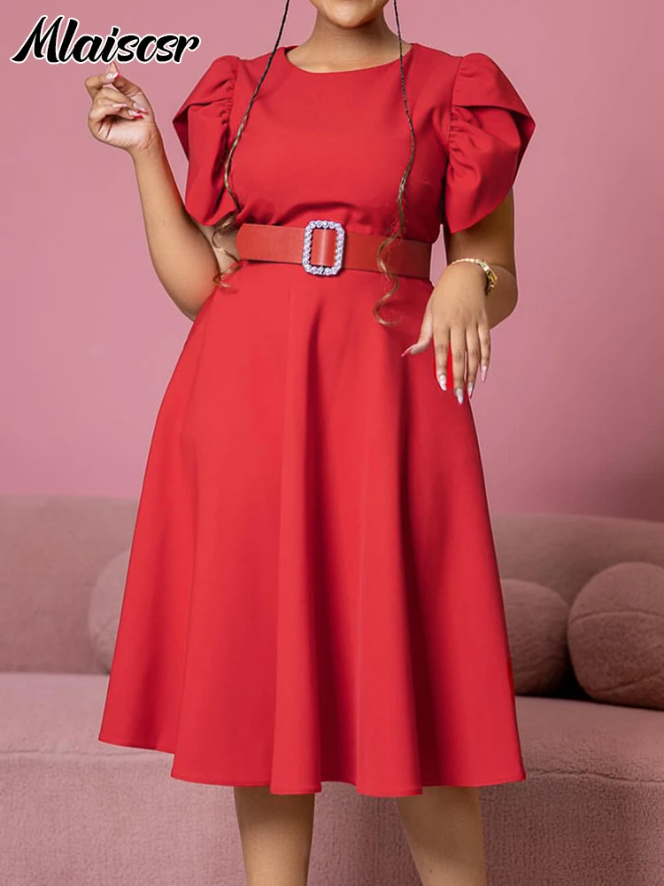 Mlaiscsr African Red Mid Dresses with Belt for Women O Neck A Line Pleated Short Sleeves Birthday Party Guest Female OL Clothing