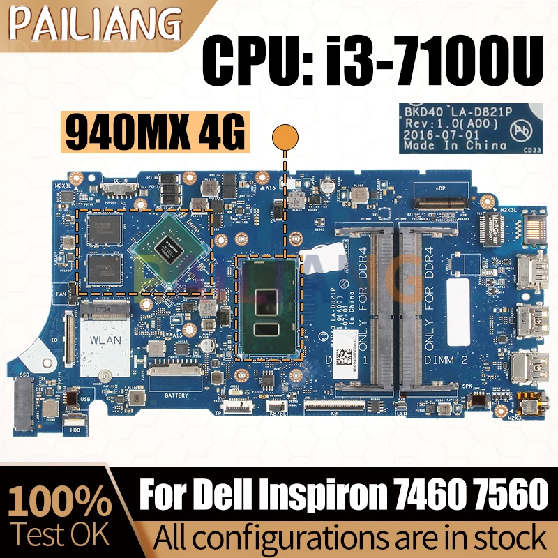 

For Dell Inspiron 7460 7560 Notebook Mainboard Laptop BKD40 LA-D821P i3-7100U 940MX 4G CN-02PTF1 02PTF1 Motherboard Full Tested