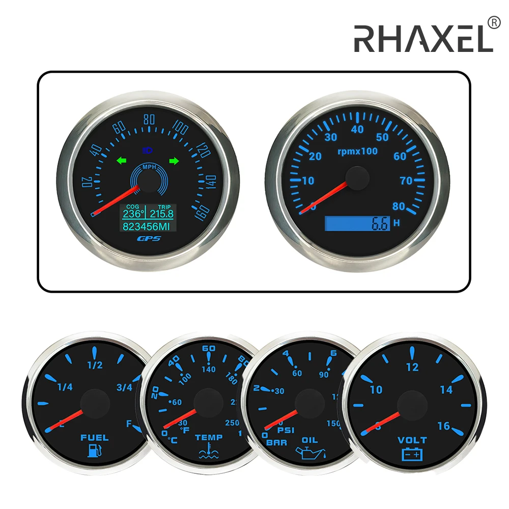 RHAXEL GPS Speedometer 160MPH 200KM/H Tachometer 8000RPM Fuel Level Water Temp. 0-120℃ Oil Pressure 0-10Bar 0-150Psi Voltmeter