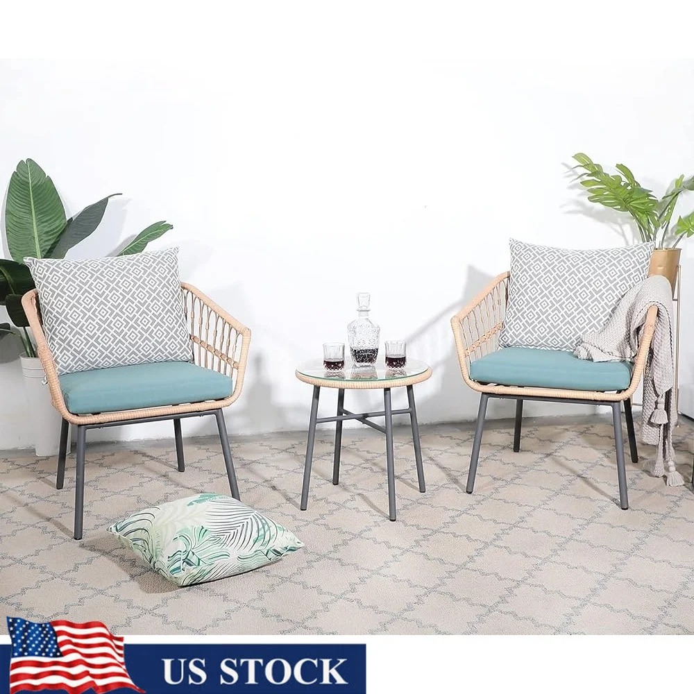 

3 Piece Outdoor Patio Furniture Set Wicker Chairs Coffee Table Garden Bistro Set Waterproof Usage Perfect Backyard Balcony
