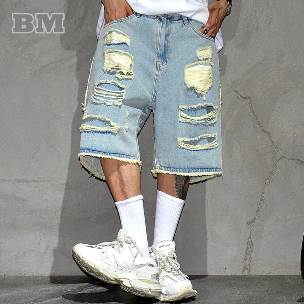 

Summer Korean Hip Hop Ripped Denim Shorts Men Clothing Streetwear Jorts Harajuku Casual Baggy Jeans Kpop Blue Cargo Shorts Male