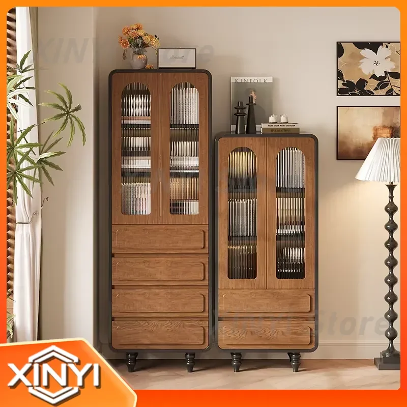 Medieval Style TV Side Cabinet for Living Room Vertical Solid Wood Bookcase with Glass Door Display Cabinet Household Storage
