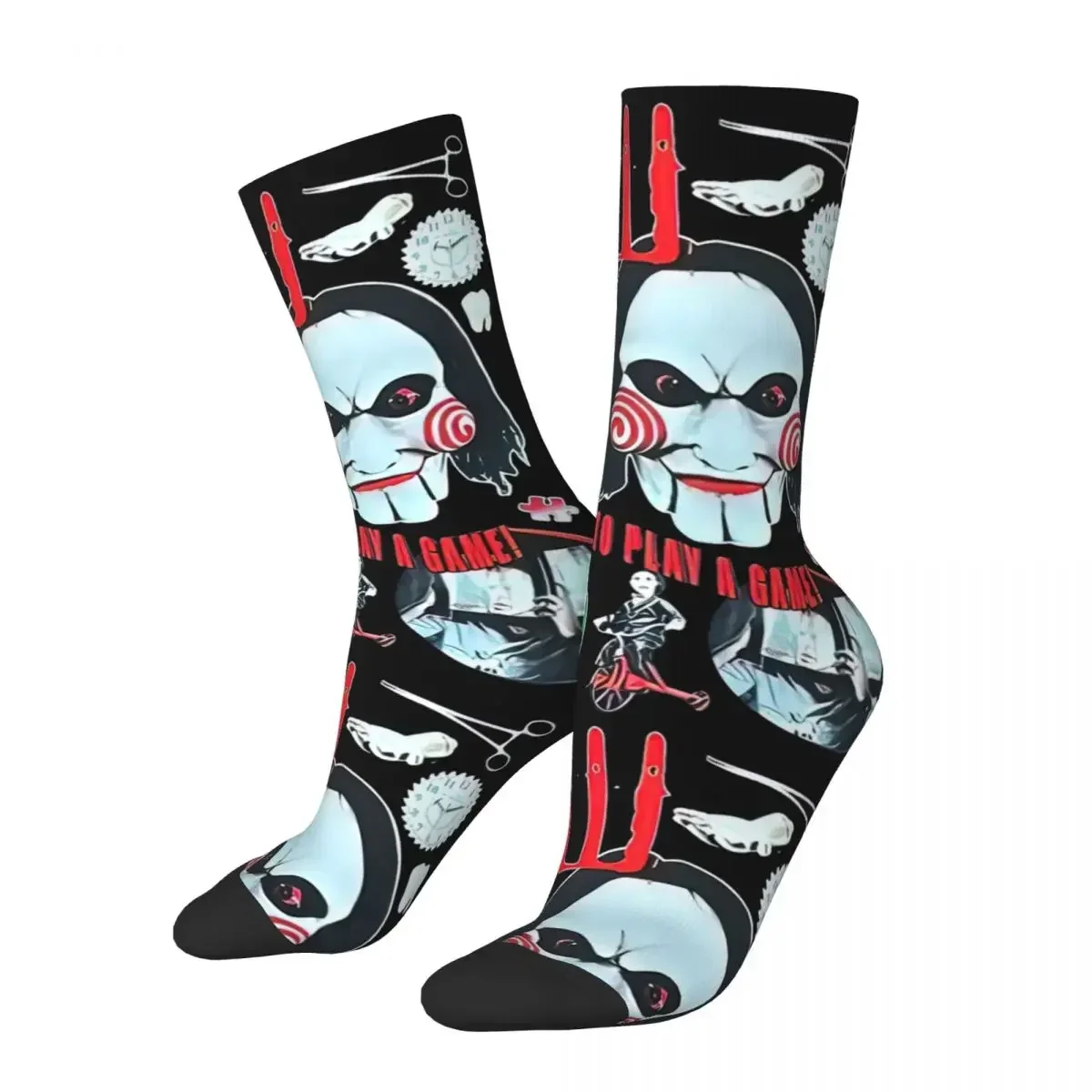 Funny Vintage SAW Movie Horror Football Socks Polyester Middle Tube Socks for Women Men Breathable