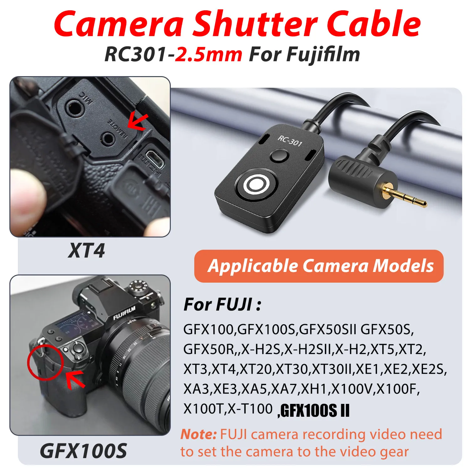 RC-301 For Fuji Shutter Release XT3/T4/T5 GFX100/s/II  X-H2/S XT20  Remote Control camera mini shutter Button