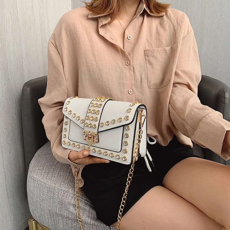 New Diamond Decor Small Square Bag For Women New Trendy Korean Versatile Chain Crossbody Bag Soft PU Single Shoulder Bag