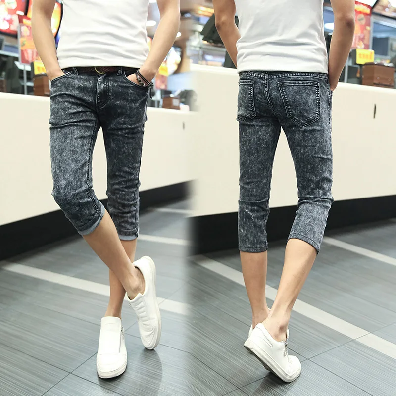 

Fashion 2022 Summer Casual Youth Skinny Capri Jeans Men Hip Hop Students Foot Grey Stretch Teenagers Breeches Slim Fit Pants