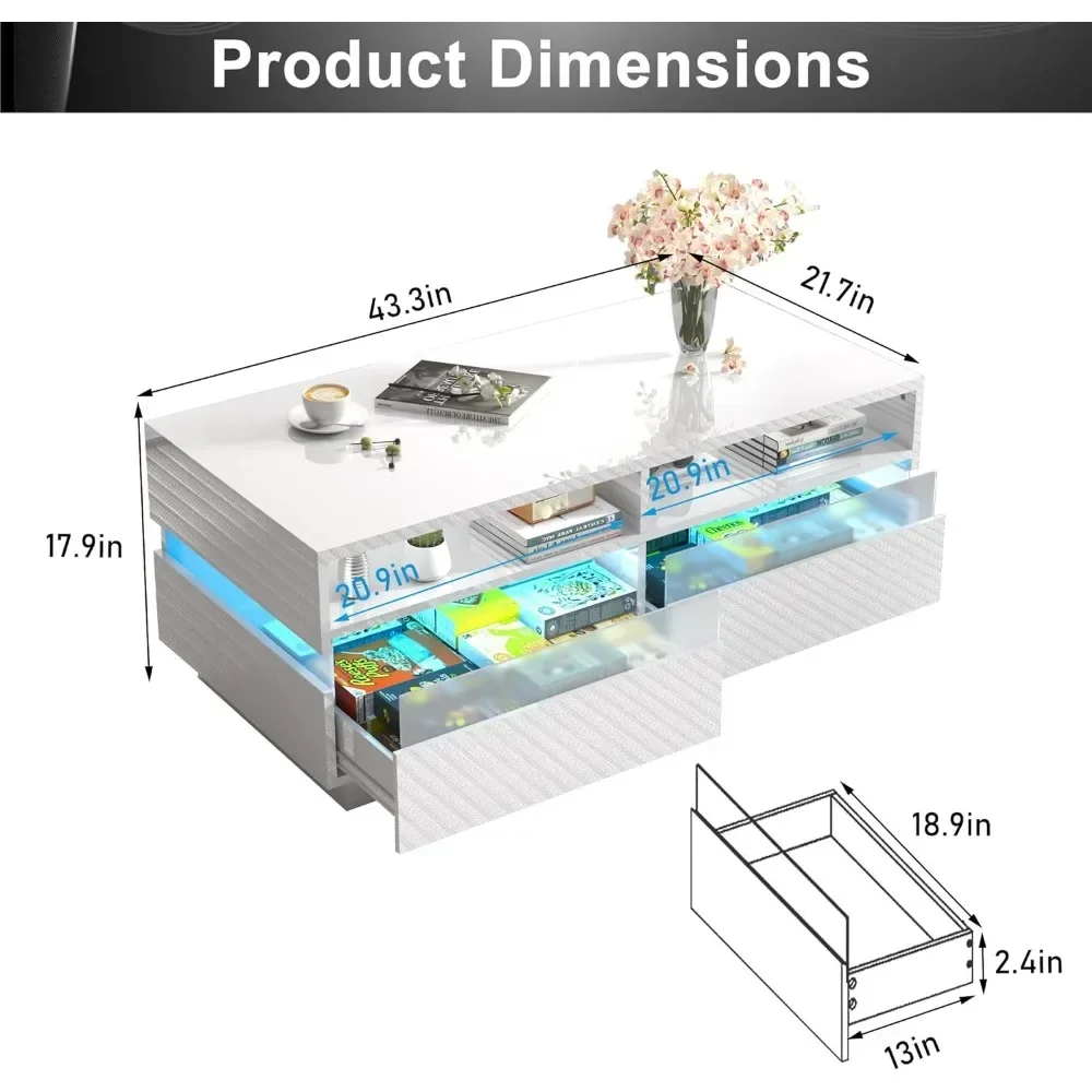 Mesa De Café LED Brilhante Alta Moderna, Mesas De Café, 2 Gavetas