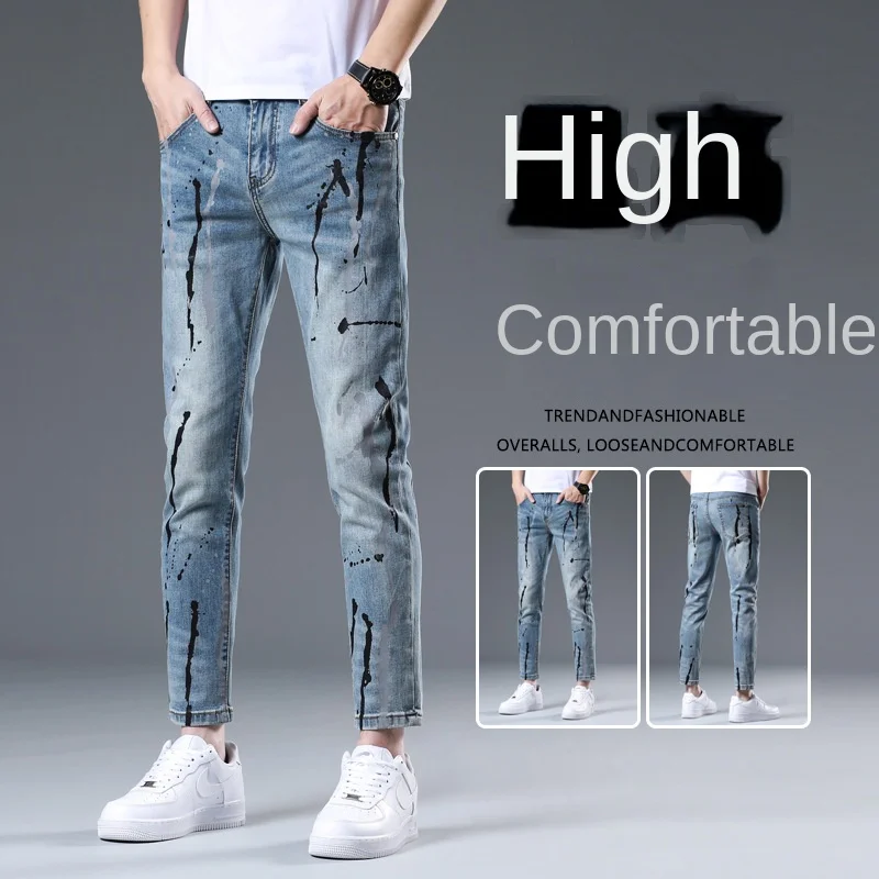 

Высококачественные джинсы, мужская мода, трендовый бренд с граффити, приталенные брюки с принтом чернил, эластичные брюки для маленьких ног, новинка весны/лета 2023 г.