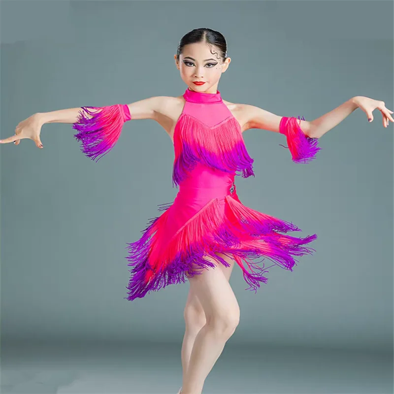 

Children'S Latin Dance Dress For Girls Latin Competition Costumes Sleeveless Gradual Fringed Dress Performance Outfits