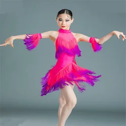Children'S Latin Dance Dress For Girls Latin Competition Costumes Sleeveless Gradual Fringed Dress Performance Outfits