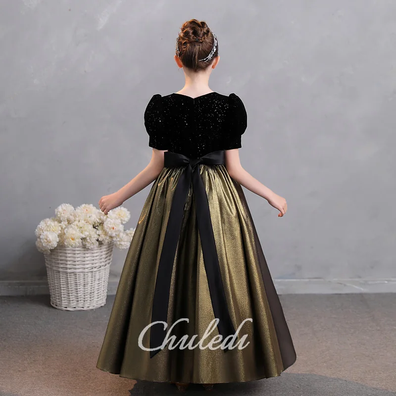 Girls Dresses Black Velvet Glitter Gold Hem Flared Bubble Sleeve Flower Girl Dresses Bridesmaid Dresses First Evening Gowns Dres