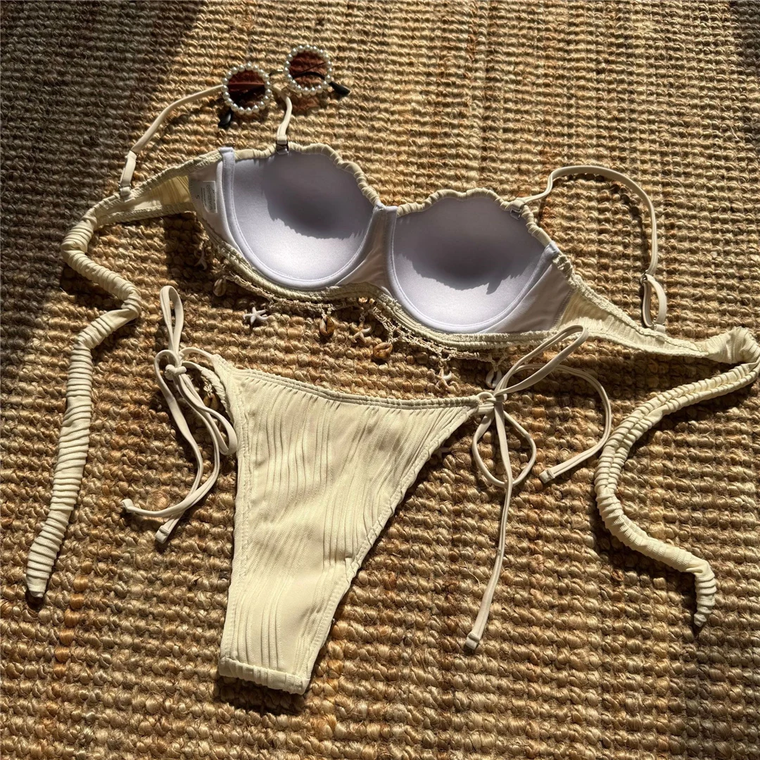 Shell Bikini mit geriffeltem, gewelltem Schnitt und Bügel, Damen-Badeanzug, zweiteiliges Bikini-Set, Badebekleidung, Badeanzug, Modell V6498C. – Detail 26