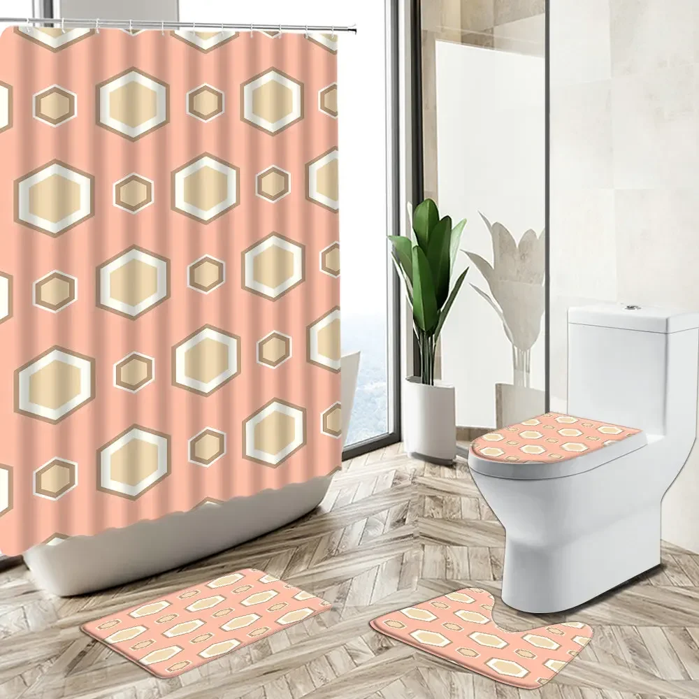 Modern Geometric Shower Curtain Abstract Pattern Kid Bathroom Set Pink Yellow Green Design Non-Slip Carpet Toilet Cover Foot Mat