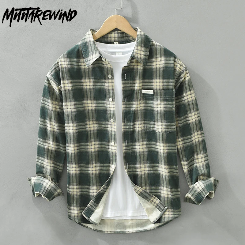 

Spring Plaid Shirt Men Pure Cotton New in Shirts Daily Casual Shirts Pocket Lapel Loose Long Sleeve Top Japanese Vintage Clothes