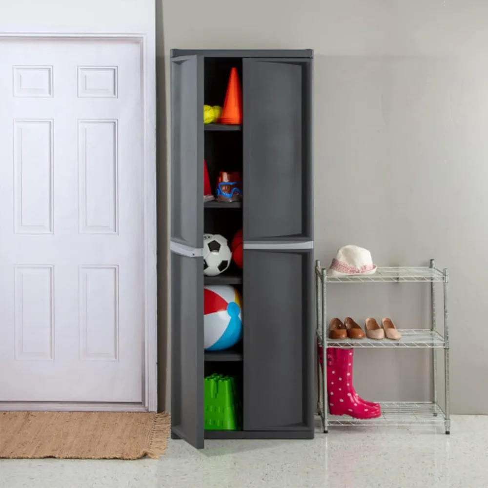 4 Shelf Cabinet, Heavy Duty and Easy to Assemble Plastic Storage Unit, Organize Bins in the Garage