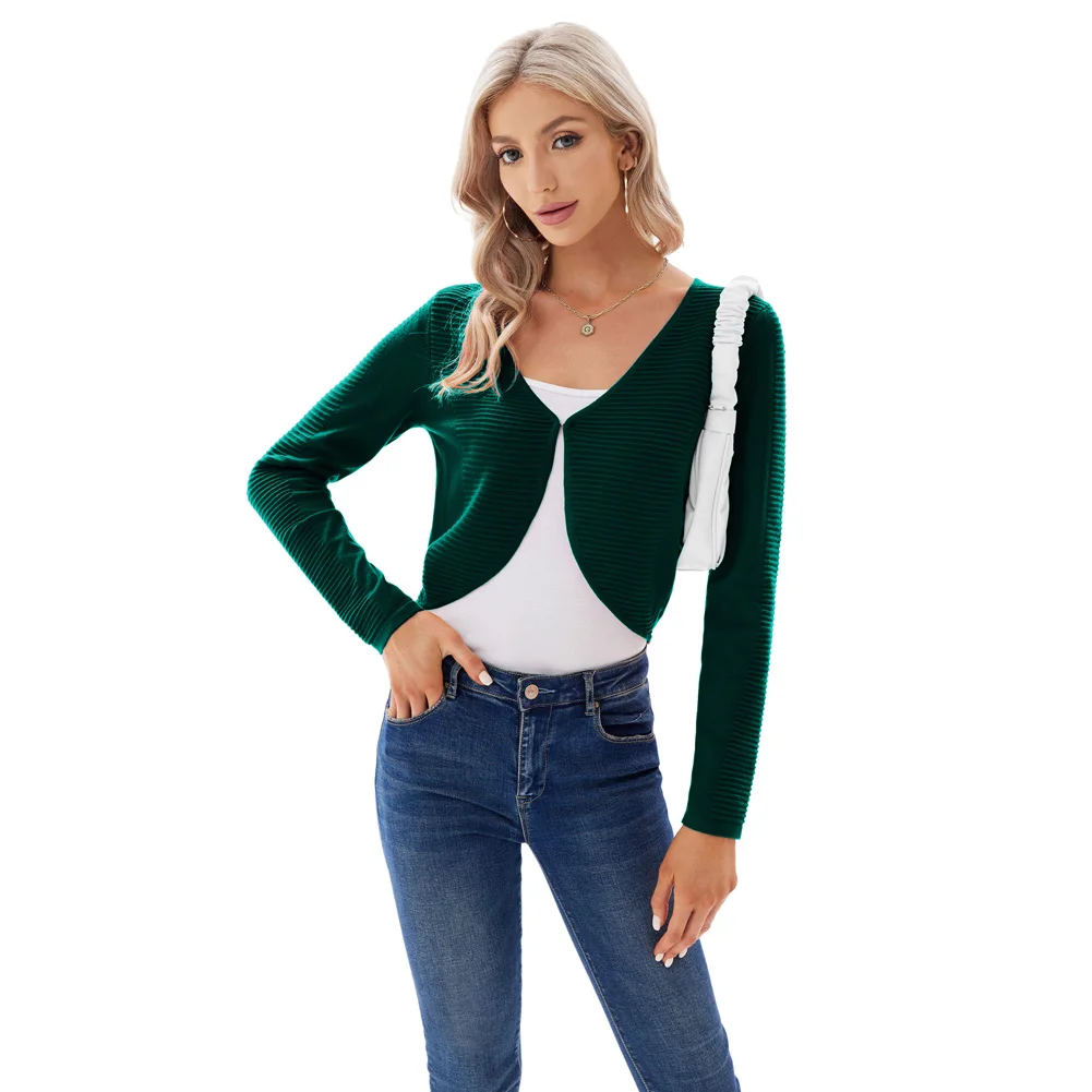 GK Women Horizontal Ribbed Bolero Long Sleeve V Neck Irregular Hem Knitted Shrug Open Front Knit Cropped Bolero Cardigan A30