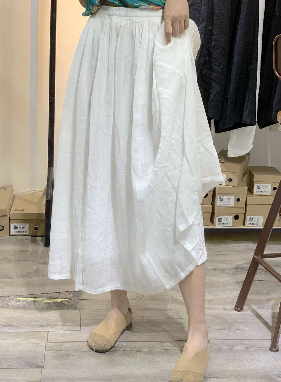 Gonna Estiva a Vita Alta in Cotone a Doppio Strato, Linea A, Plissettata, Midi, Snellente, per Donne Taglie Forti, Tinta Unita per il Lavoro