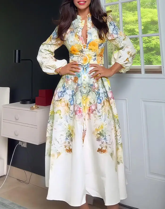 

Floral Print French Style Stand Collar Evening Dress with Belt Cinched Waist Lantern Sleeves Button down for Vacation