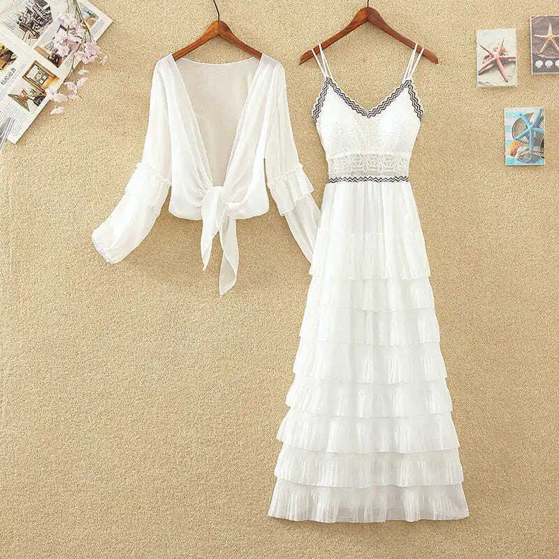 

2023 Beach Vacation Two Piece Set Dress Sling Women Summer Ladies Suit Solid Beach Lace Mesh Cake Skirt Long