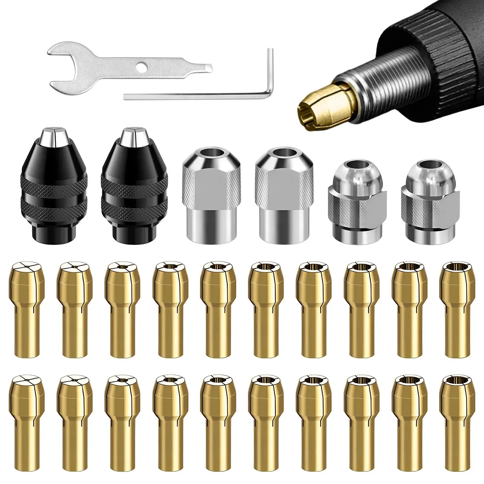 28PCS Drill Chuck Collet Set, 0.8-3.2mm Keyless Chuck, Brass Collets & Metal Nut, Compatible with Dremel 4486/4485