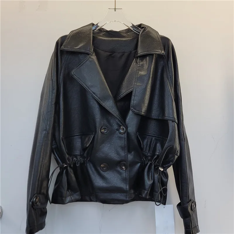 HKSH Women PU Leather Jacket Trendy Double Breasted Drawstring Elastic Waist Turn-Down Collar Patchwork Solid Color Coat HK26755