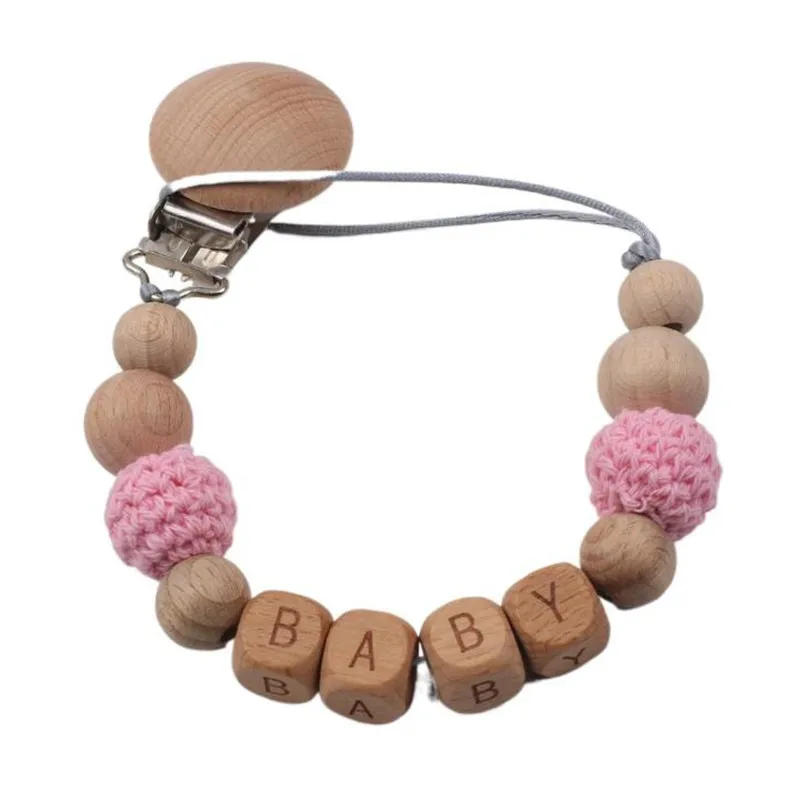 Handgemachte personalisierte Name Holz Baby Schnuller Clip Häkelperlen Schnullerkette Halter Baby Safe Beißring