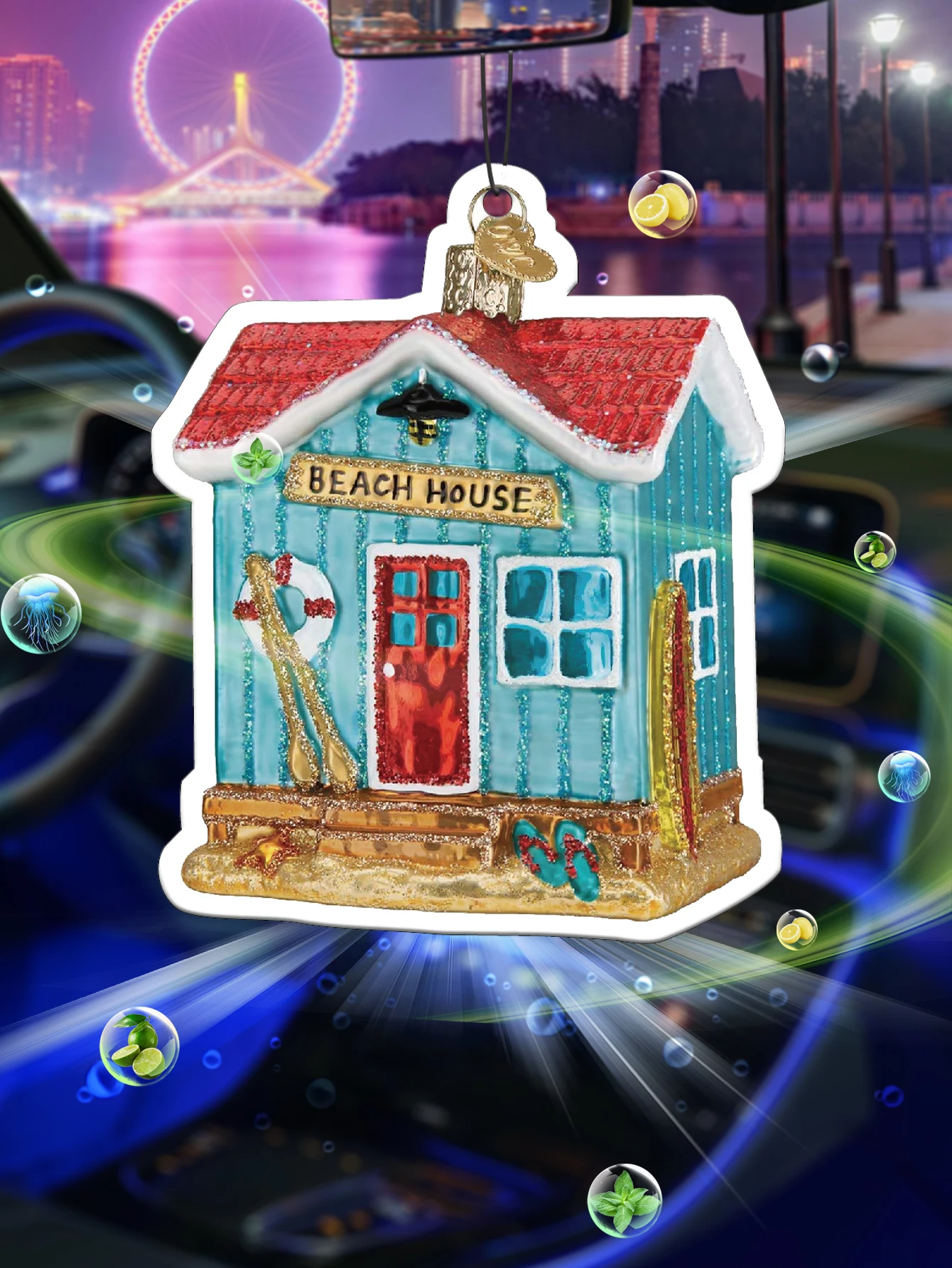 Beach House Coastal Surf Hut Car Air Freshener Hanging Fragrance, Natural Plant Extract Scent, Alcohol‑Free Non‑Toxic, Heat Resi