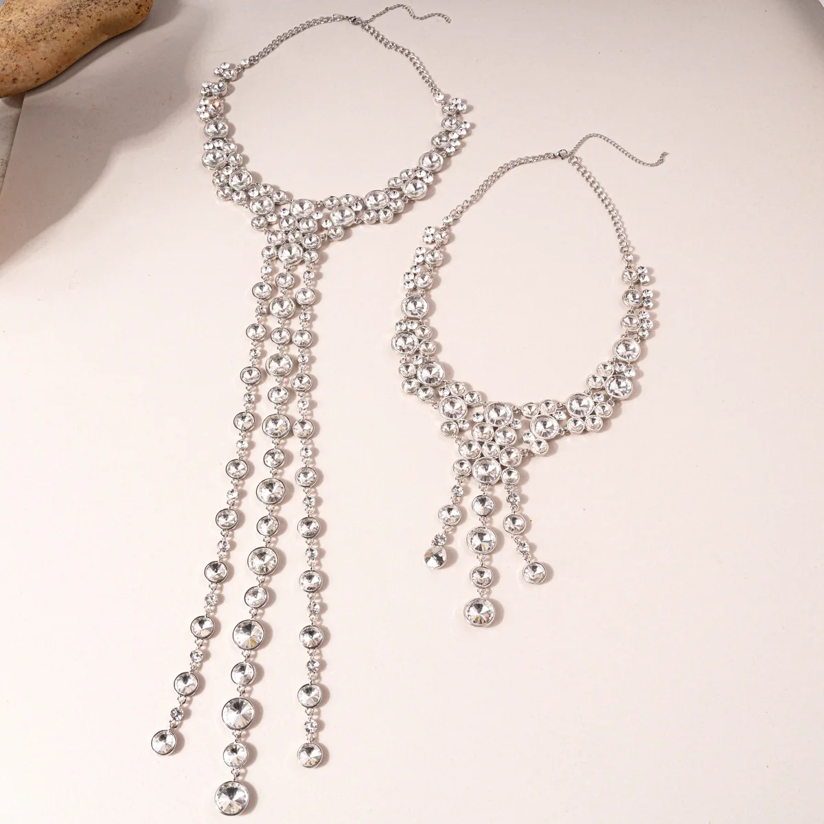 Exaggerated diamond-set round fringed long necklace accessories women's niche sweater chain light luxury item