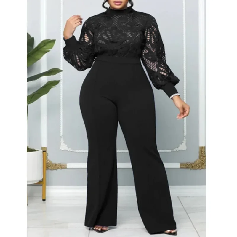 Elegant Women Jumpsuits Classy Hollow Out Lace Panel Long Sleeve Stretch One Piece Wide Leg Jumpsuits Oufits