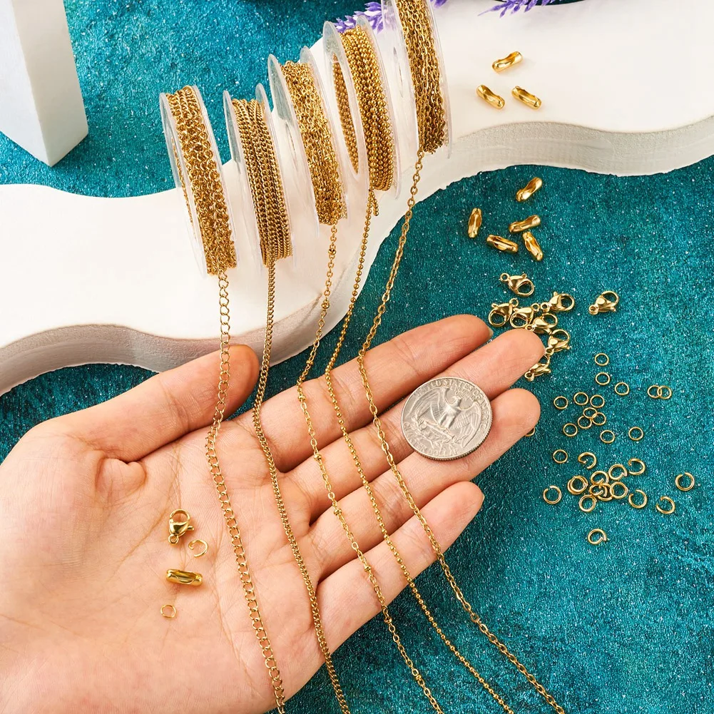 10M DIY Chain Bracelet Necklace Making Kit Including Stainless Steel Cable Curb Ball Chains Lobster Claw Clasps Connectors