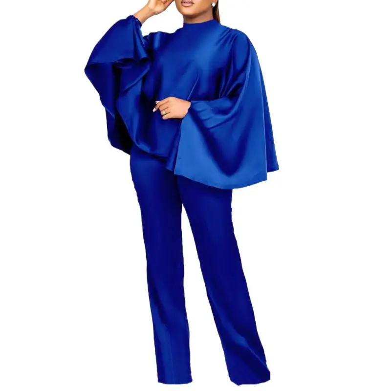 Ensemble 2 pièces ample et décontracté, couleur unie, élégant, col rond, manches chauve-souris, cape, taille élastique, pantalon, mode banlieue, vêtements pour femmes