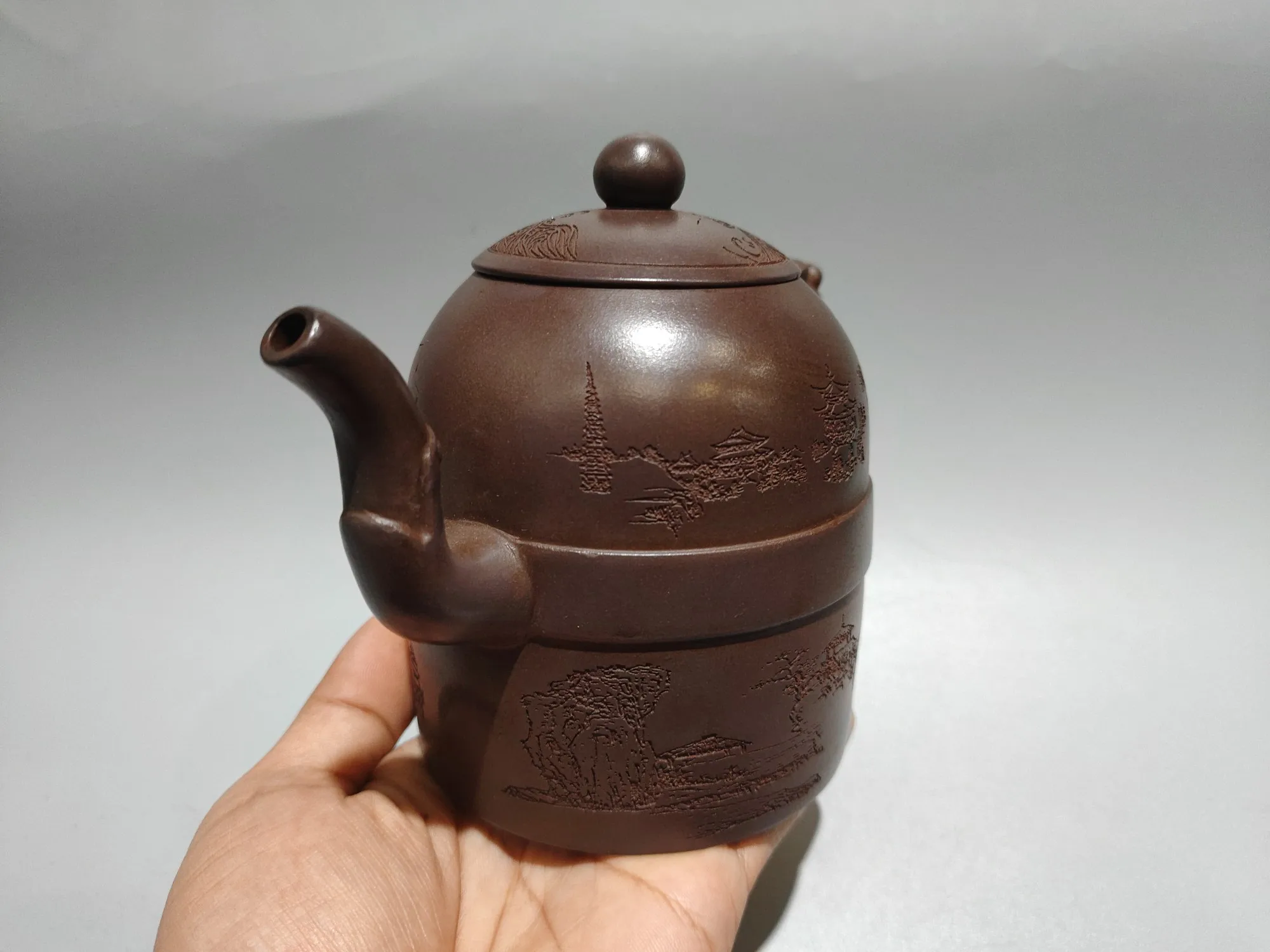 Purple Clay Pot Old Purple Mud Waist line pot Landscape pattern bell kettle Kettle Teapot Pot Tea Tea Charm