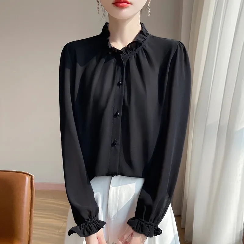 

Spring Summer Women's Ruffle Neck Chiffon Blouse Long Sleeve Button Down Solid Black Elegant Top