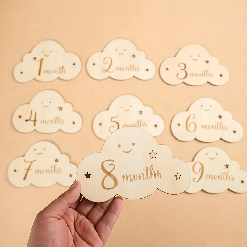 8pcs Wooden Baby Milestone Cards Cloud Signs Monthly Photo Cards Baby Growth Cards Pregnancy Journey Markers Baby Photo Props