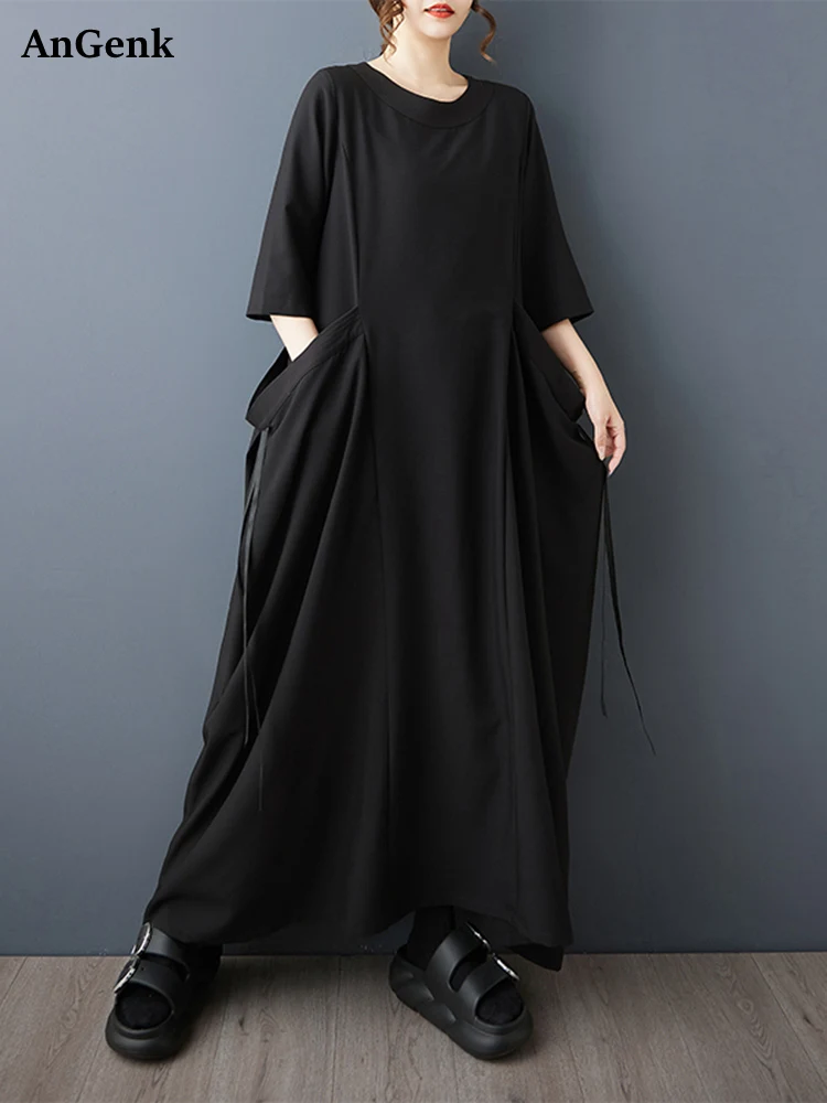 

Черные винтажные длинные платья с большими карманами для женщин, осень 2023, новое свободное повседневное платье с рукавом три четверти, модная элегантная одежда