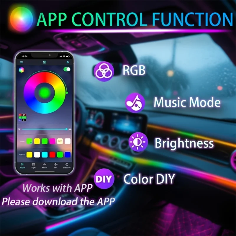 Zestaw oświetlenia wnętrza LED RGB sterowany aplikacją do samochodów, 64 kolory, 10 w 1 akrylowa lampa ambientowa, uniwersalny zestaw 12V do pojazdów