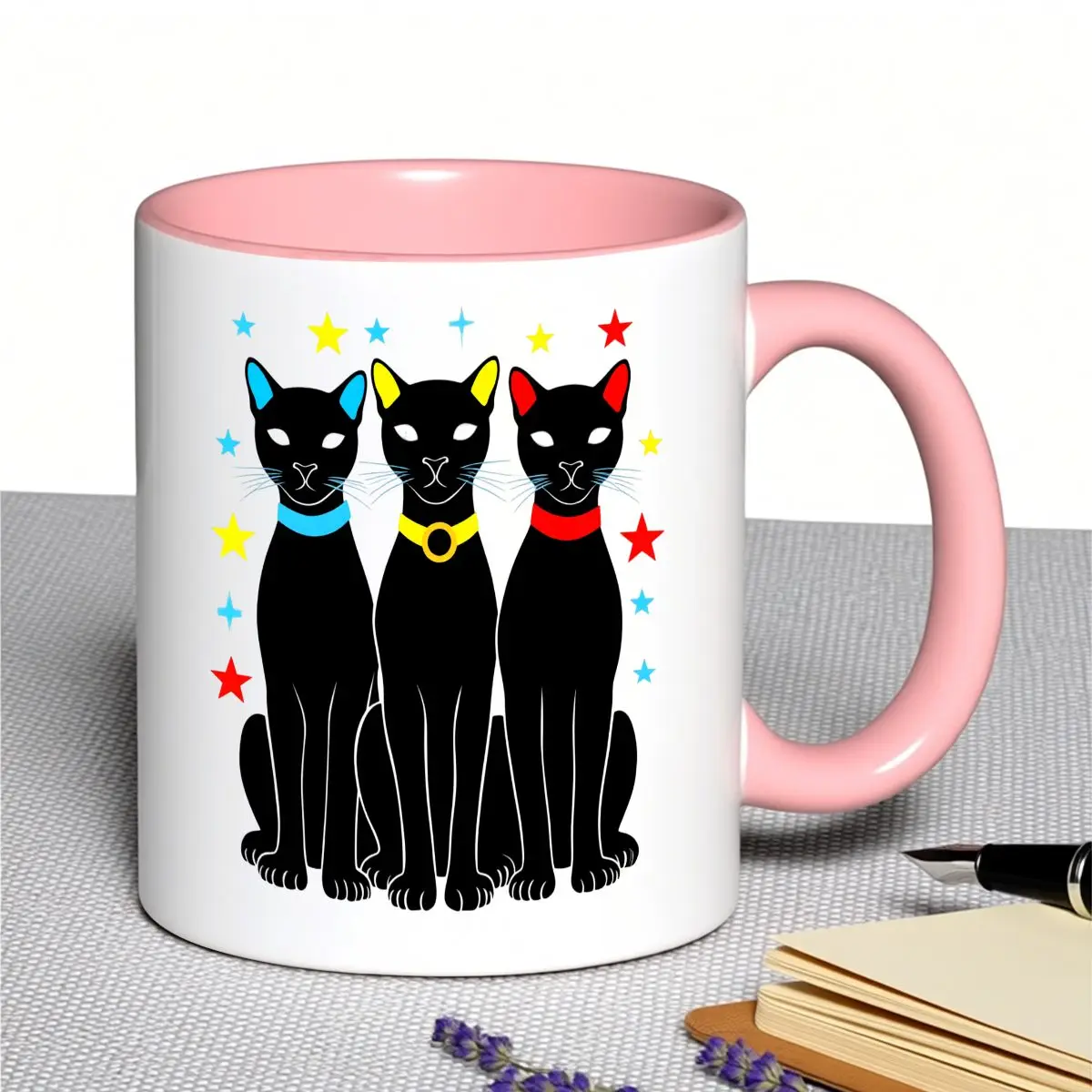 Cute 11oz Ceramic Mug Three Black Cats Colorful Collars Stars Christmas Birthday Halloween Gift for Cat Lovers