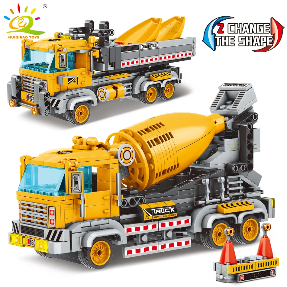 HUIQIBAO TOYS 2in1 Engineering Truck Building Blocks Crane Bulldozer Excavator Car City Construction MOC Bricks For Children Kid
