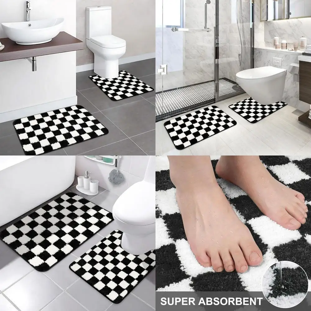 

Black and White Checkered 2-Piece Non-Slip Bath Mat Set, Microfiber Shag Toilet Rug and Contour Floor Mat, 20x32 and U-Shaped 20