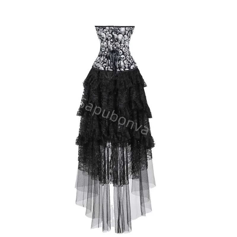 Corset Dress Costume long skirt Set With Skull head Bustier Costume Party dress up sexy Ladies Outfit Plus Size Gothic Halloween