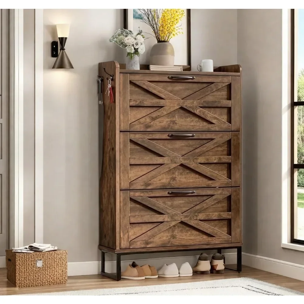 

Shoe Storage Cabinet with 3 Flip Drawers, Slim Shoes Cabinet for Up to 24 Pairs, Narrow Shoe Rack for Entryway, Living Room