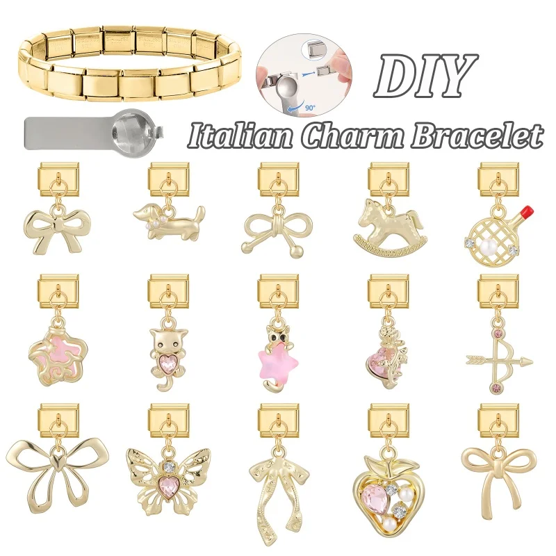 New Vintage Golden Pendant Charm Cat Butterfly Star Tennis Racket Bow Links Fit 9MM Stainless Steel Bracelet Women DIY Making