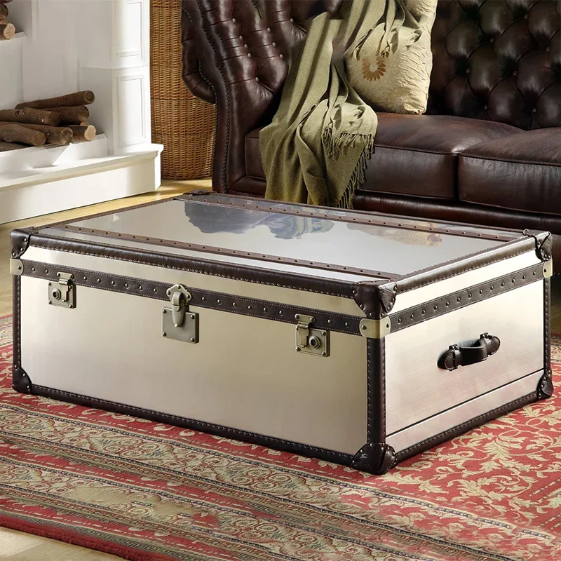 leather coffee table retro European Chinese antique suitcase leather coffee table with drawers English cigar bar room