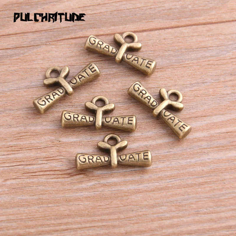 10PCS 11*21mm Two Color Bachelor Cap Charms Letter GRADUATE Pendant Jewelry Metal Alloy Jewelry Marking