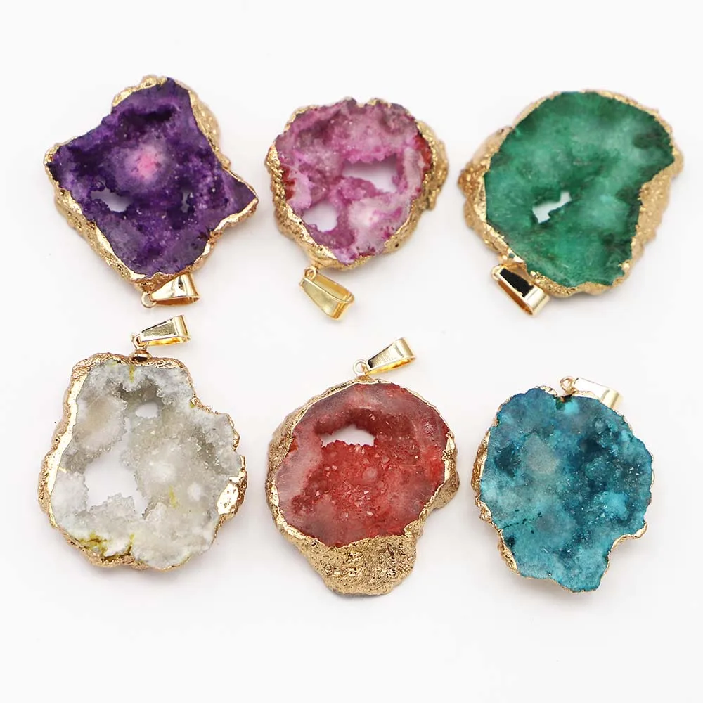 Natural Agates Raw Stone Slice Pendant Necklace Crystal Plating Phnom Penh Irregular Druzy Geode Charms Jewelry Making Gift 8Pcs