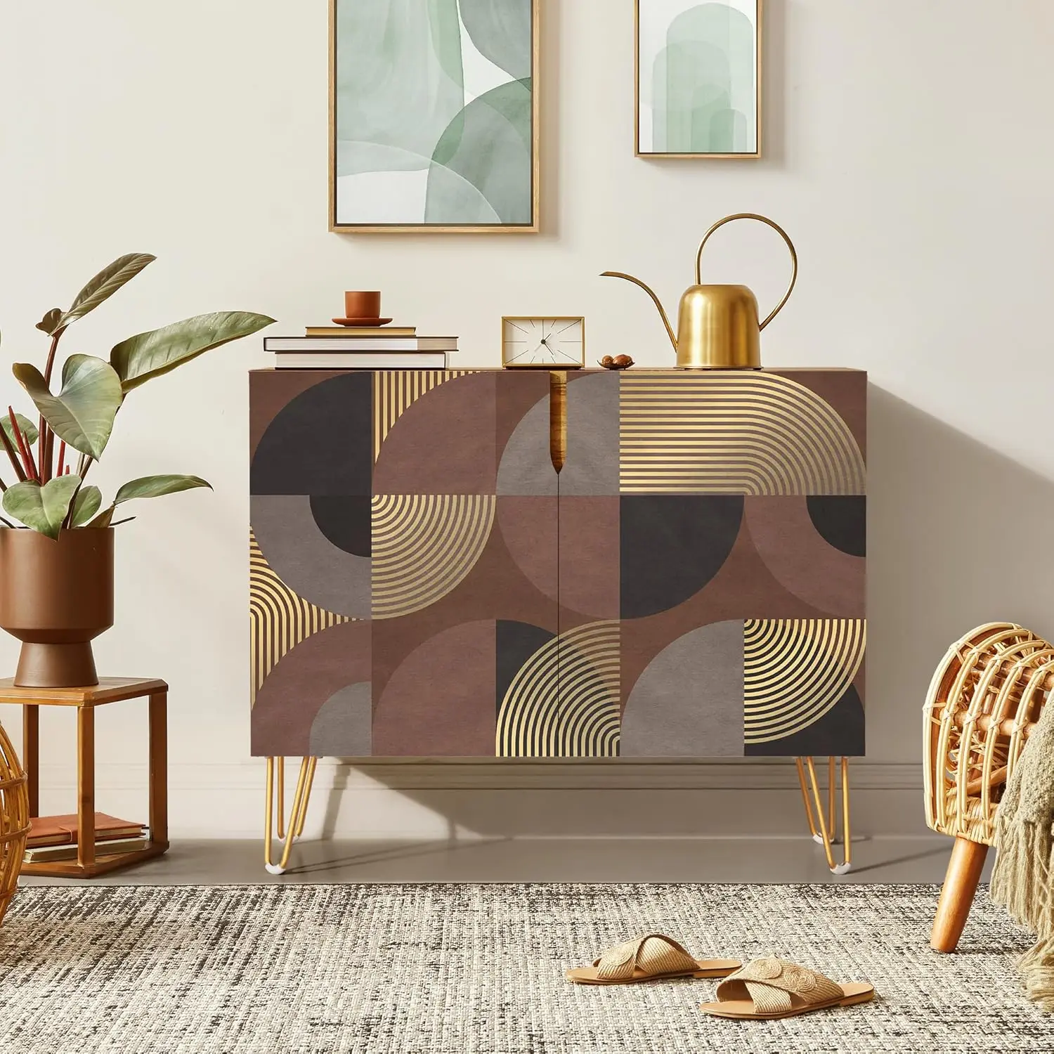 Sideboard Buffet Cabinet Kitchen Storage Cabinet with 2 Doors Black Brown Gold Geometric Polygons Abstract Shapes